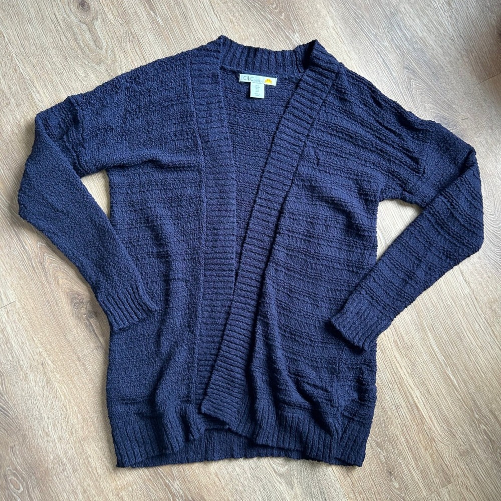 C&C California Navy Blue Textured Knit Open Front Cardigan 100% Cotton Small